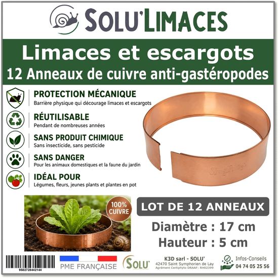 12 anneaux de cuivre anti-limaces et escargots solu'limaces - 17 cm - protection des salades, fraisiers, aromatiques, potager