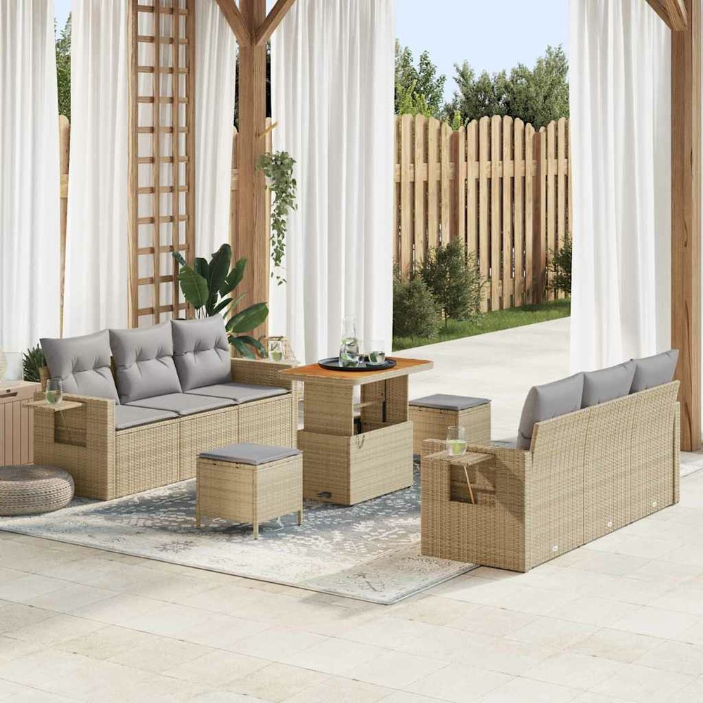 Ensemble de canapé de jardin avec coussin 9 pcs beige polyrotin
