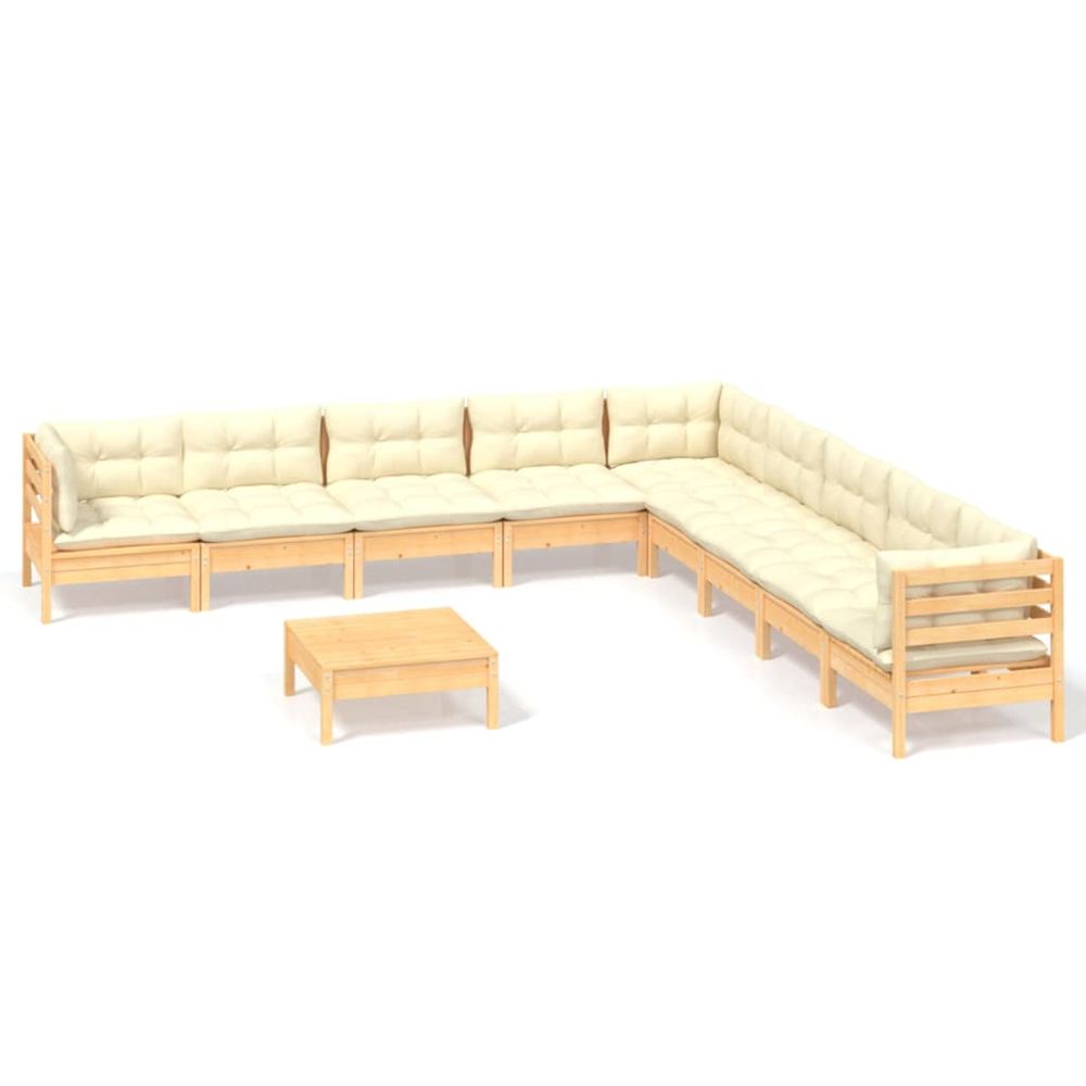 Salon de jardin 10 pcs avec coussins crème bois de pin massif
