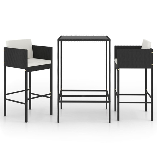 Ensemble de bar de jardin 3 pcs et coussins résine tressée noir