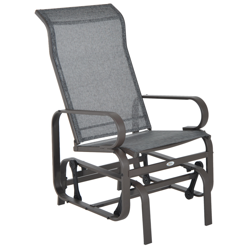 Fauteuil à bascule inclinable en métal gris, pour terrasse et balcon.