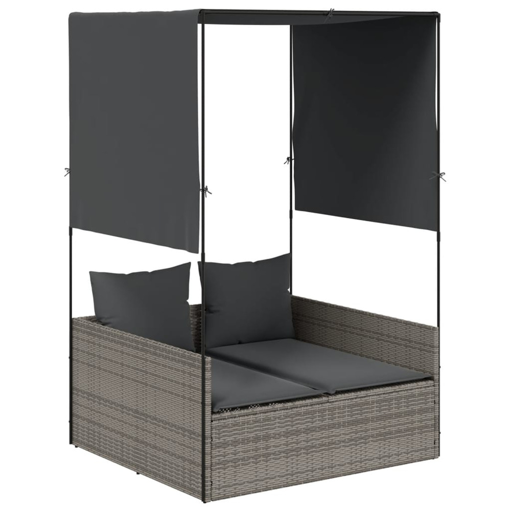 Chaise longue double avec toit et rideaux gris résine tressée bain de soleil