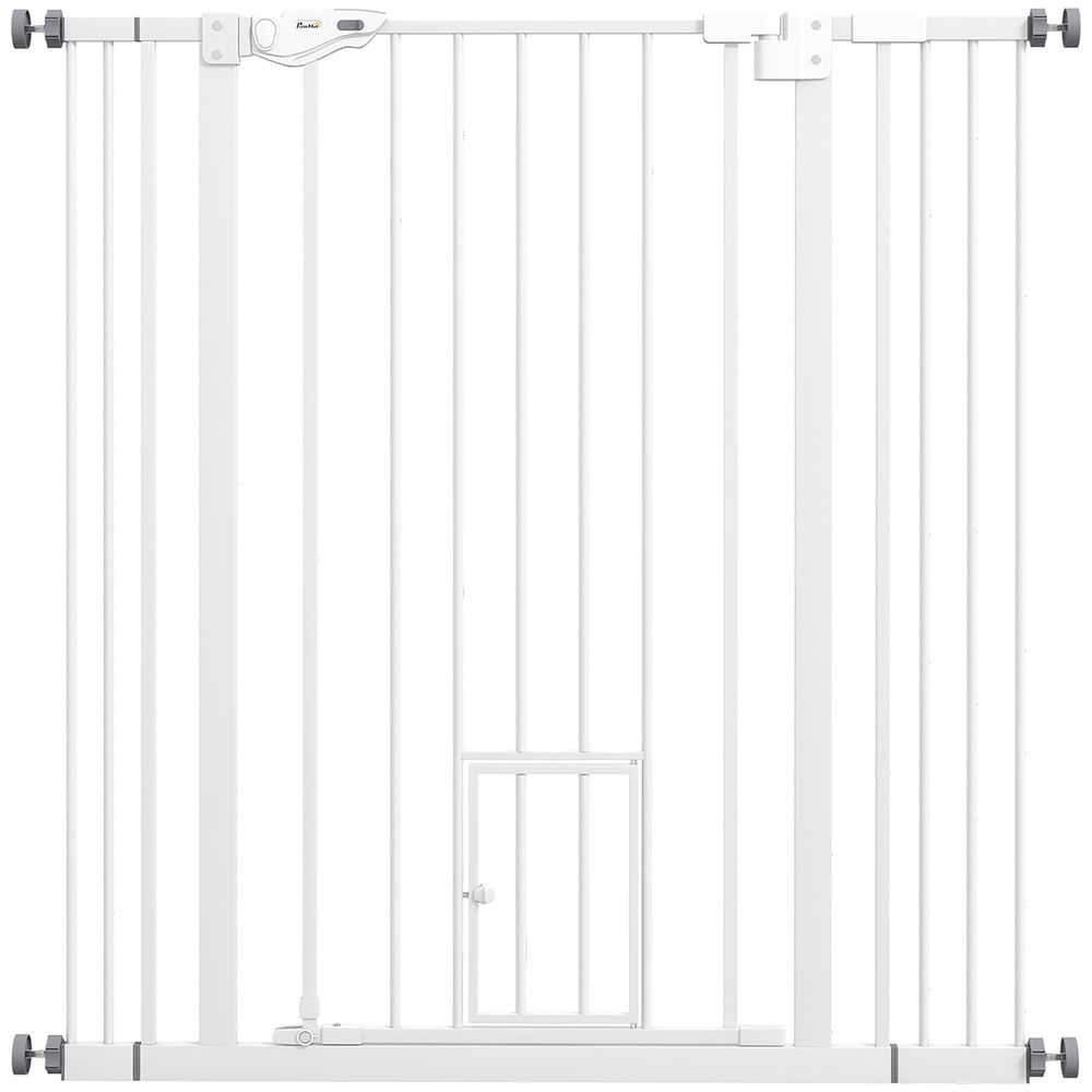 Barrière de sécurité chien acier 74-101 x 104 cm blanche porte autofermante avec chatière
