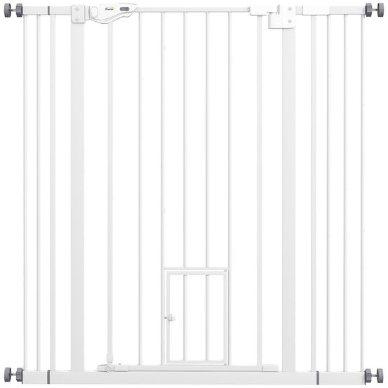 Barrière de sécurité chien acier 74-101 x 104 cm blanche porte autofermante avec chatière