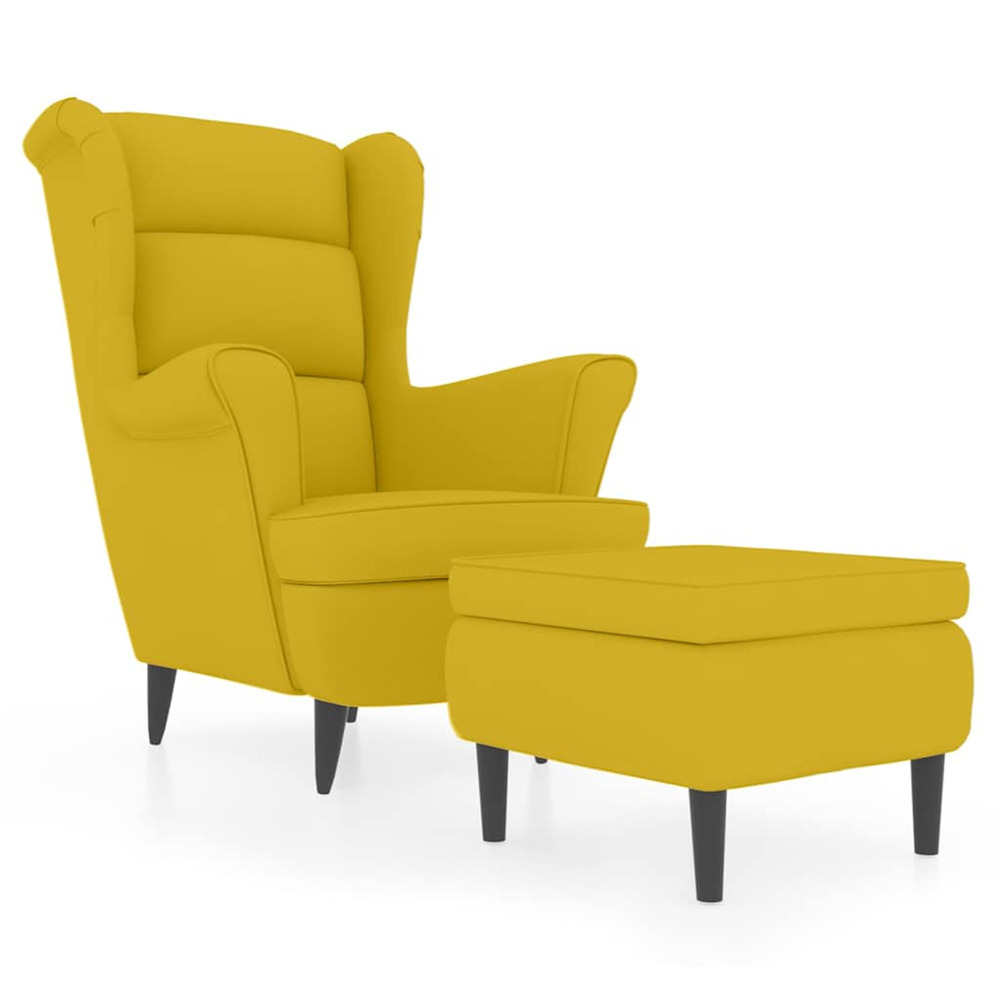 Fauteuil à oreilles avec tabouret jaune moutarde velours
