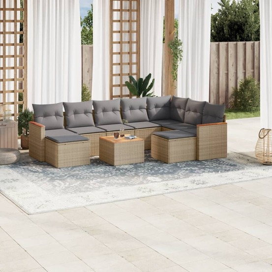 Salon de jardin et coussins 10 pcs mélange beige résine tressée