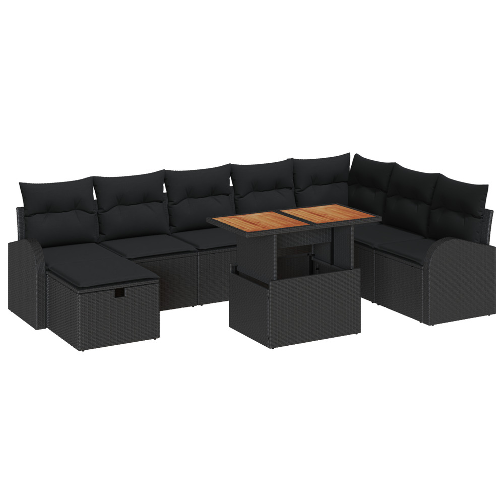 Ensemble de canapé de jardin 9 pièces avec coussins en poly rattan noir