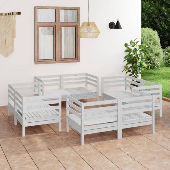 Salon de jardin 8 pcs blanc bois de pin massif