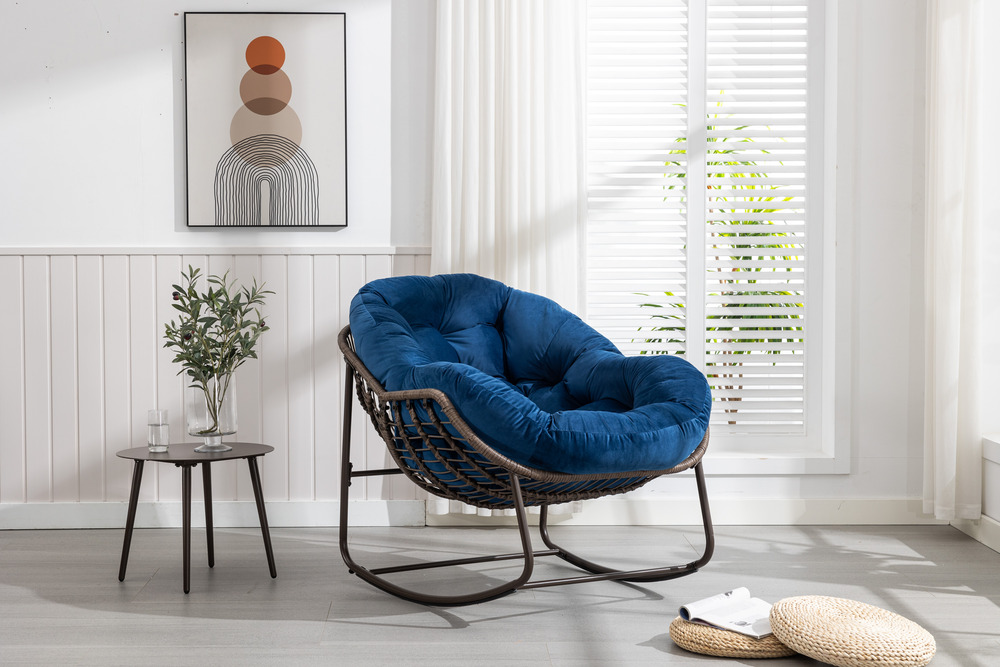Chaise berçante en rotin d'extérieur, fauteuil inclinable avec coussin rembourré pour porche, salon, jardin, bleu marine.