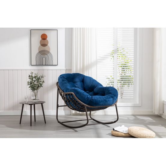 Chaise berçante en rotin d'extérieur, fauteuil inclinable avec coussin rembourré pour porche, salon, jardin, bleu marine.