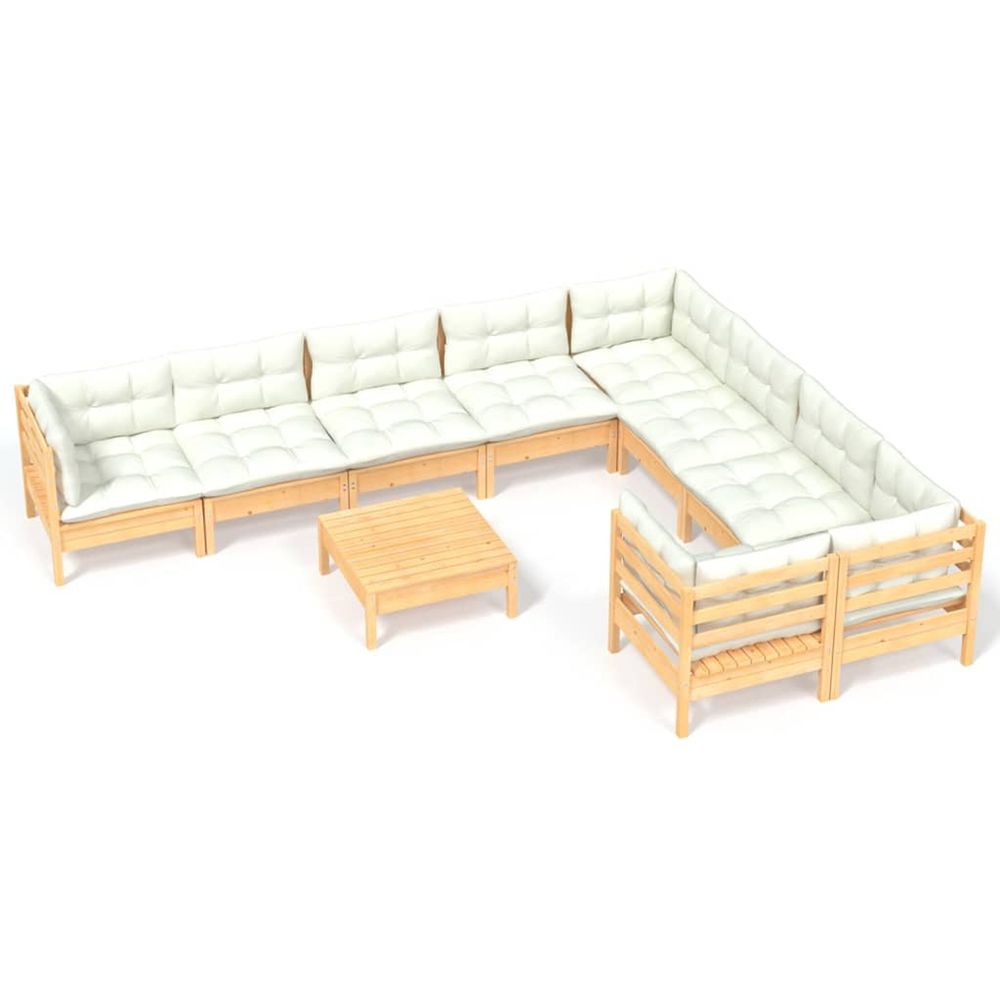Salon de jardin 10 pcs avec coussins crème bois de pin