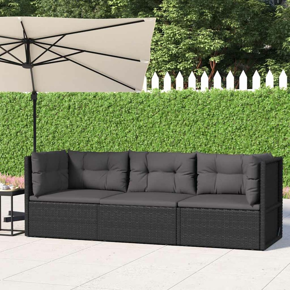 Salon de jardin 3 pcs avec coussins noir résine tressée