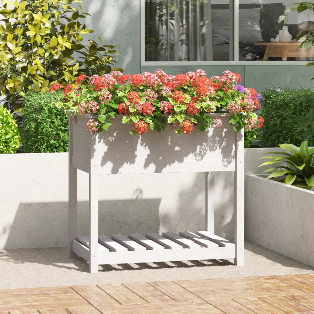 Grand bac à fleurs surélevé bois avec étagère pour jardin blanc 82,5cm