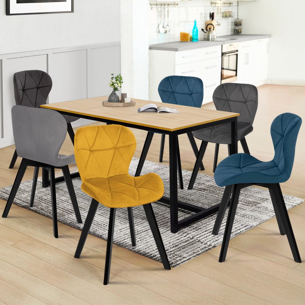 Lot de 6 chaises robine en velours mix color bleu x2, gris foncé x2, gris clair et jaune
