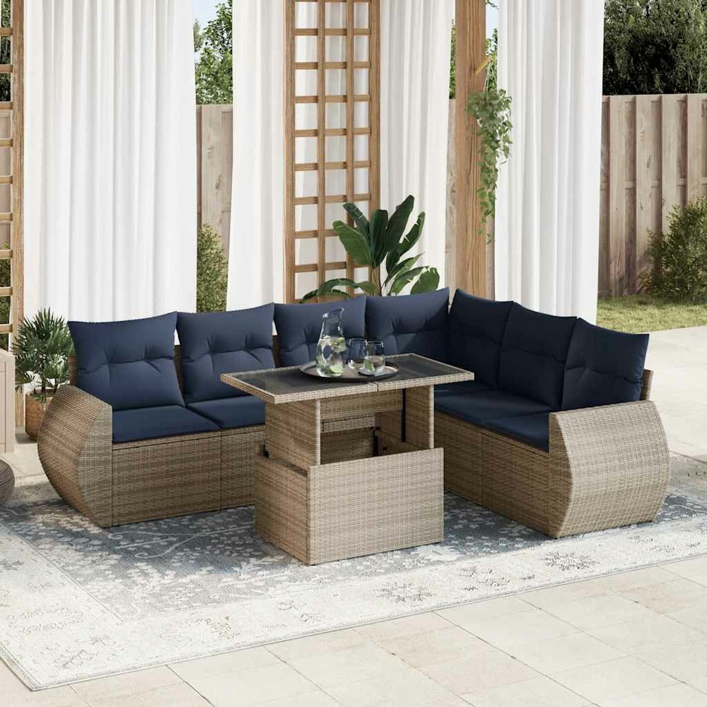 Salon de jardin avec coussins 7 pcs gris résine tressée acacia