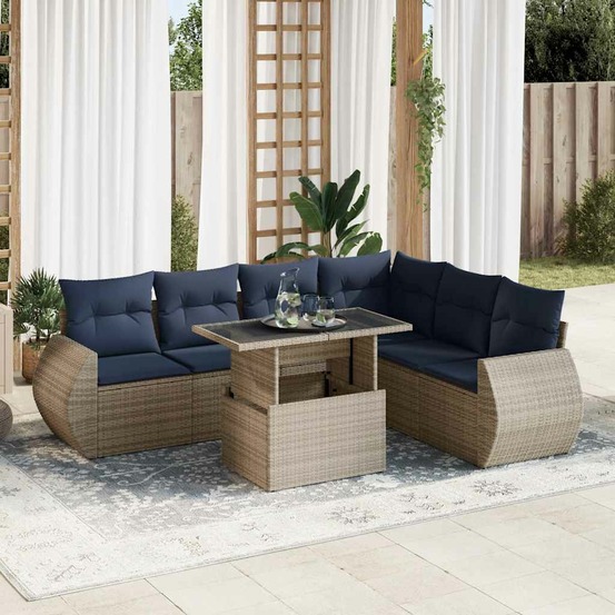 Salon de jardin avec coussins 7 pcs gris résine tressée acacia