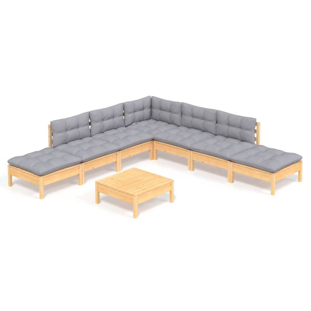 Salon de jardin 8 pcs avec coussins gris bois de pin