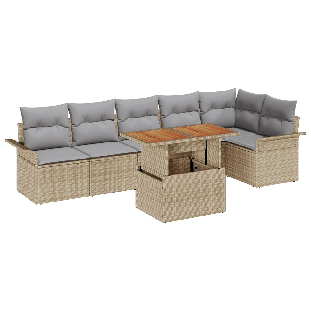 Ensemble de dîner de jardin de 7 pièces avec coussins beige poly rattan acacia