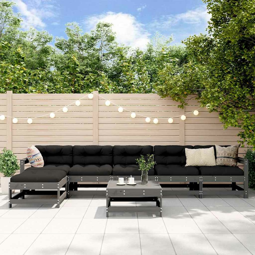 Salon de jardin 7 pcs avec coussins gris bois massif
