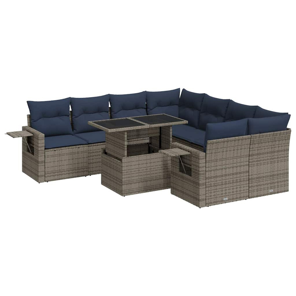 Salon de jardin avec coussins 9 pcs gris résine tressée acacia