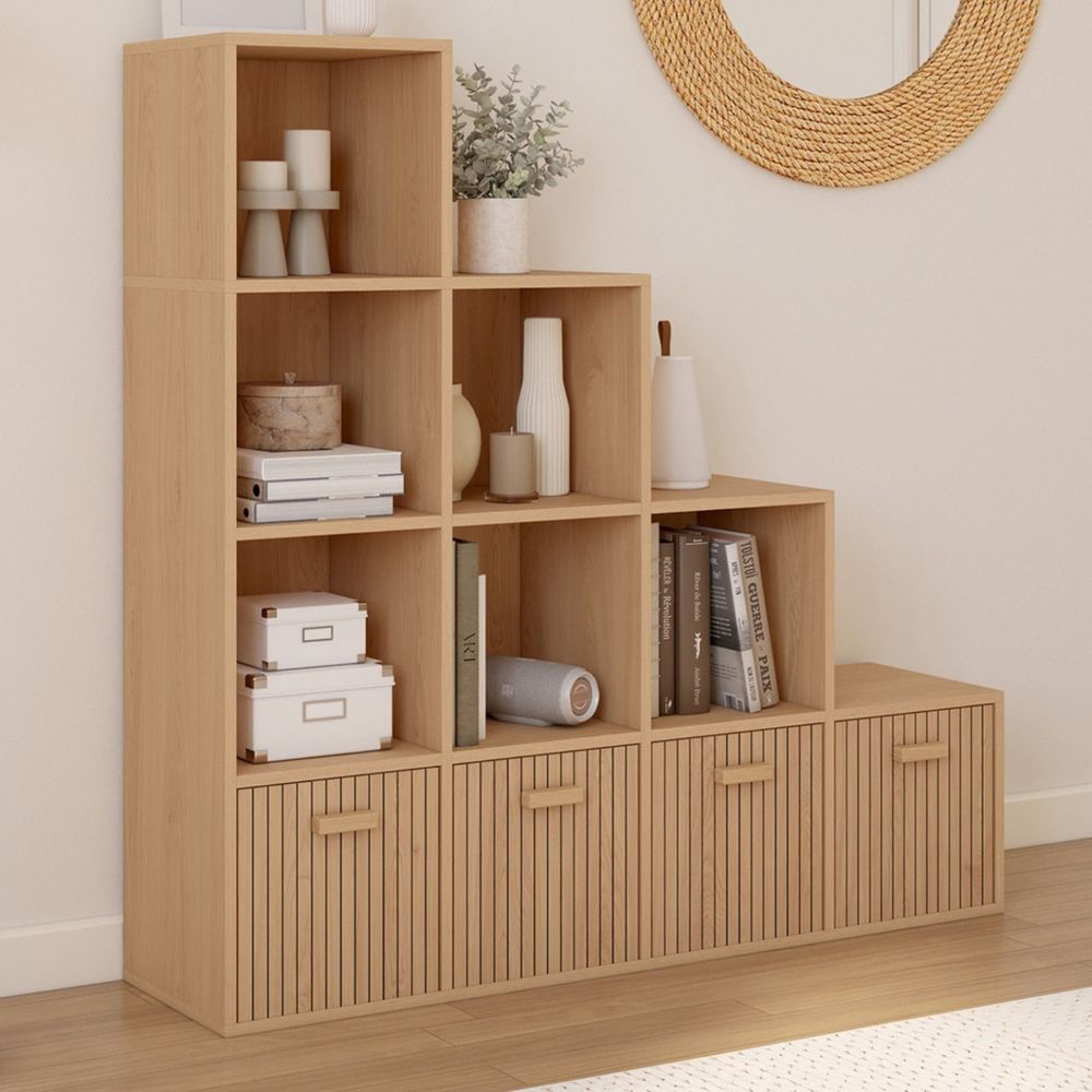Meuble de rangement en escalier lorys 4 niveaux effet lattes juliette avec 4 tiroirs en tissu