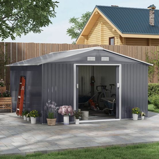 Abri de jardin métal rangement extérieur portes coulissantes 386x340cm gris anthracite - comfortxl outdoor living