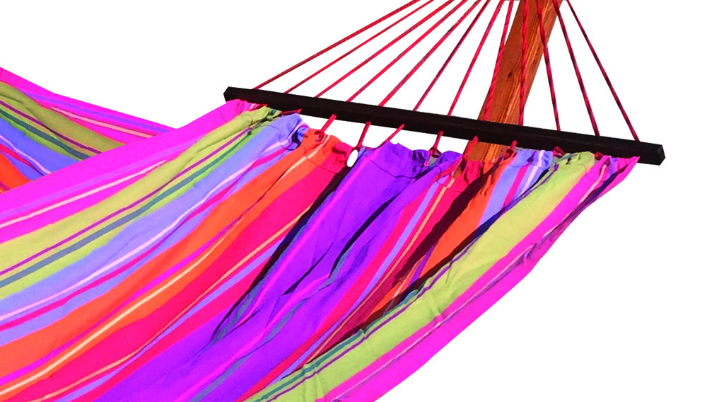 Hamac raye vert lilas 100% coton avec barre d'ecartement