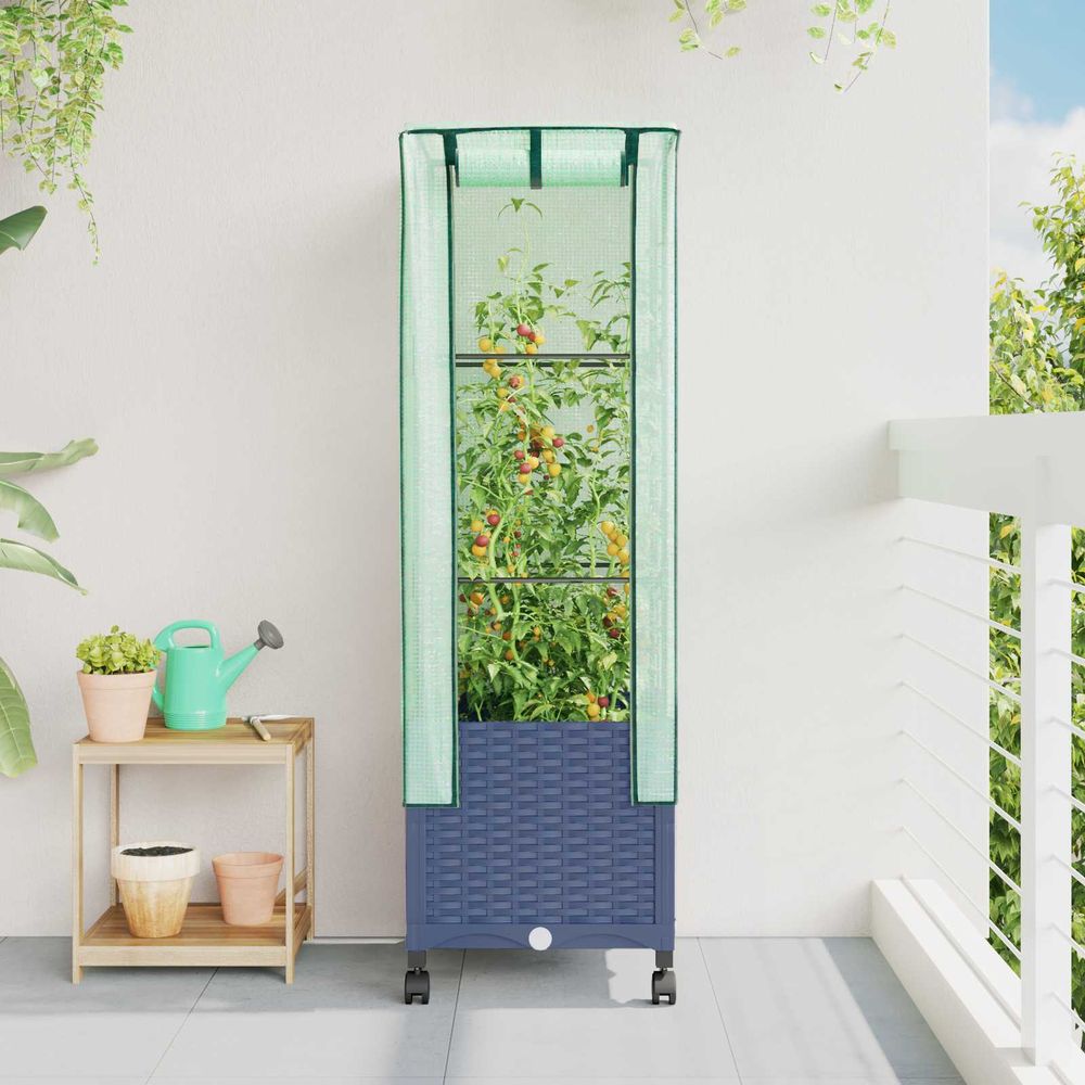Jardinière serre roulettes balcon terrasse abri plantes 40x40x145cm gris bleu