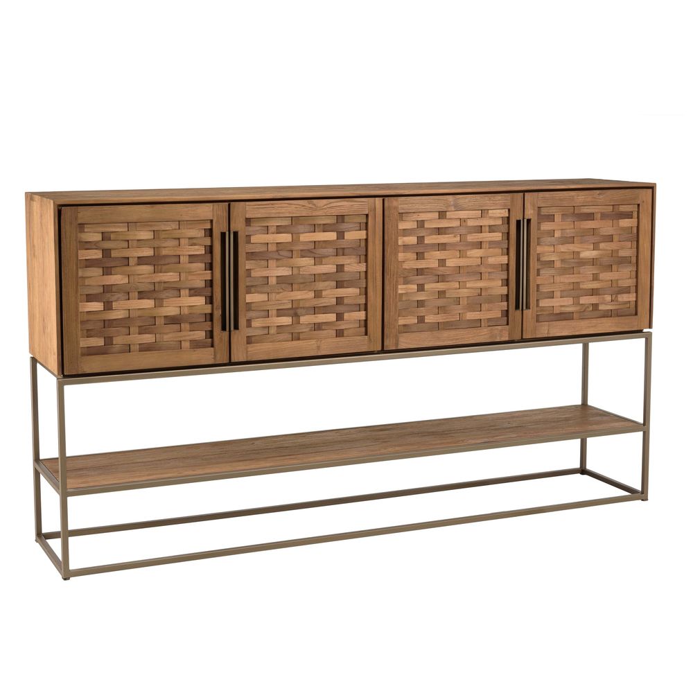 Buffet en bois de teck recyclé 4 portes en tissage de bambou