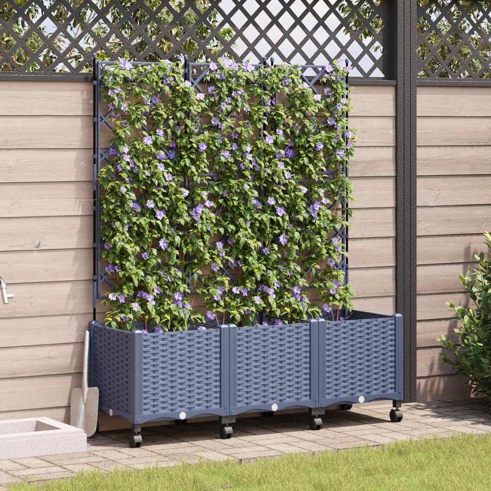 Jardinière treillis avec roues polypropylène grand volume racinaire 120x40x149cm gris