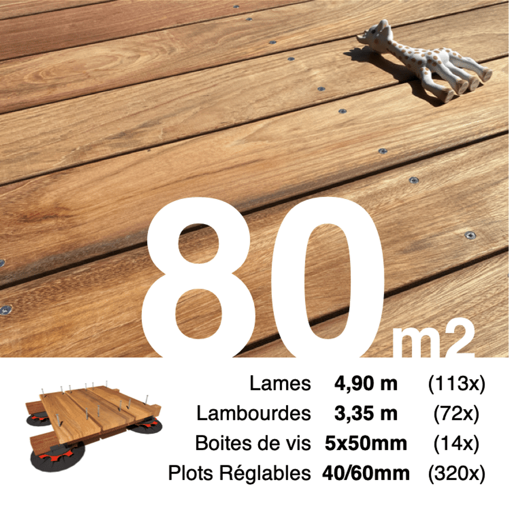 Kit complet terrasse bois exotique jatoba pour 80 m², lames 4,9 m, lambourdes 3,35 m, plots réglables et visserie inox.