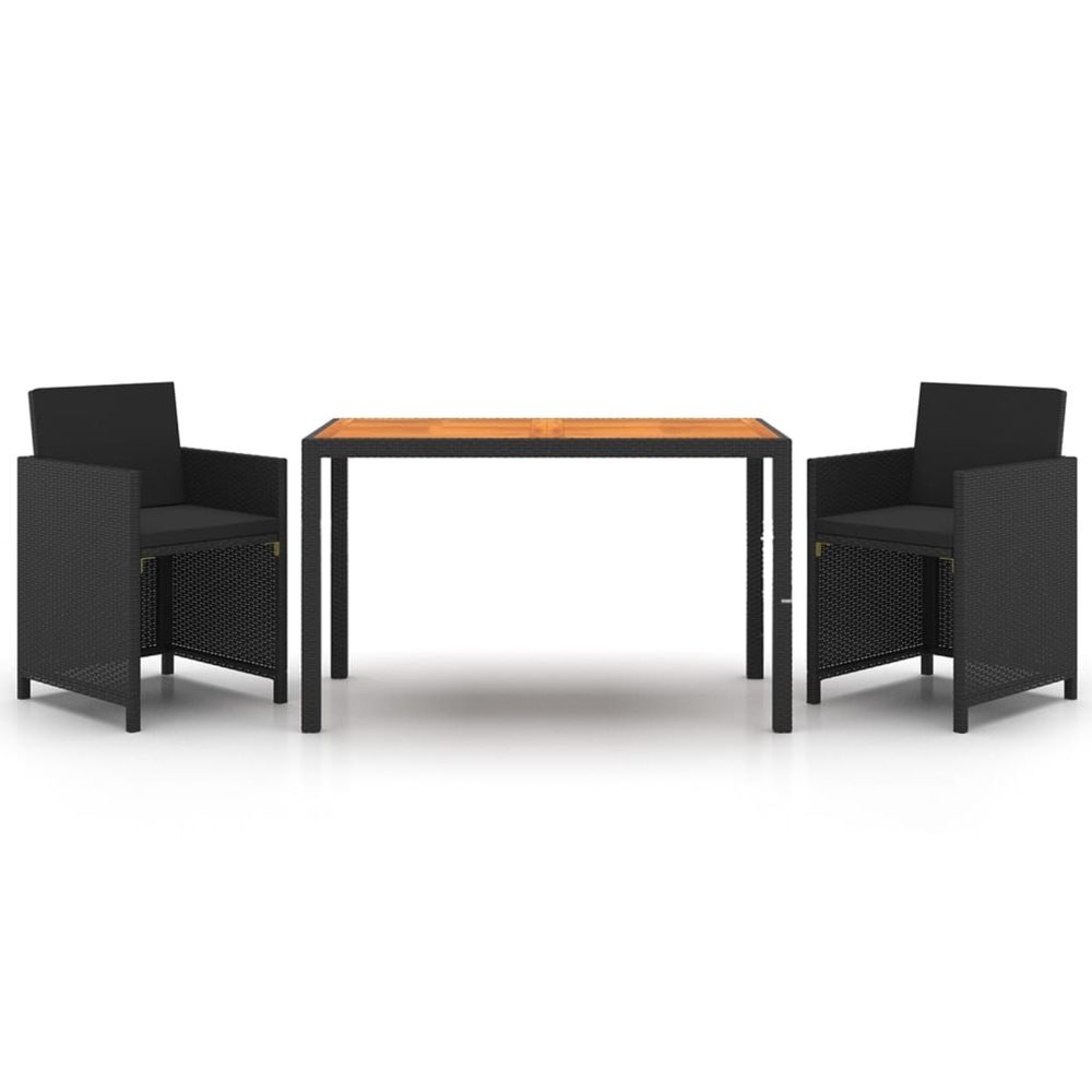 Ensemble à dîner de jardin avec coussins 3 pcs poly rotin noir