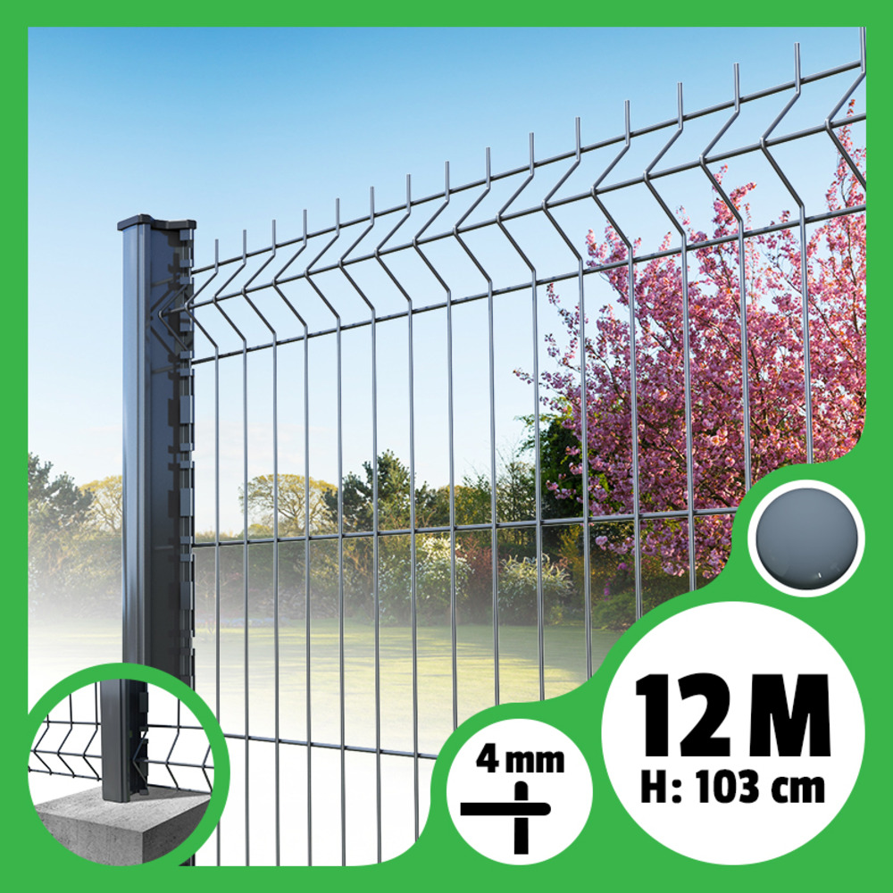 Kit grillage rigide poteaux h - longueur 12 mètres - 103 cm, gris anthracite, a sceller