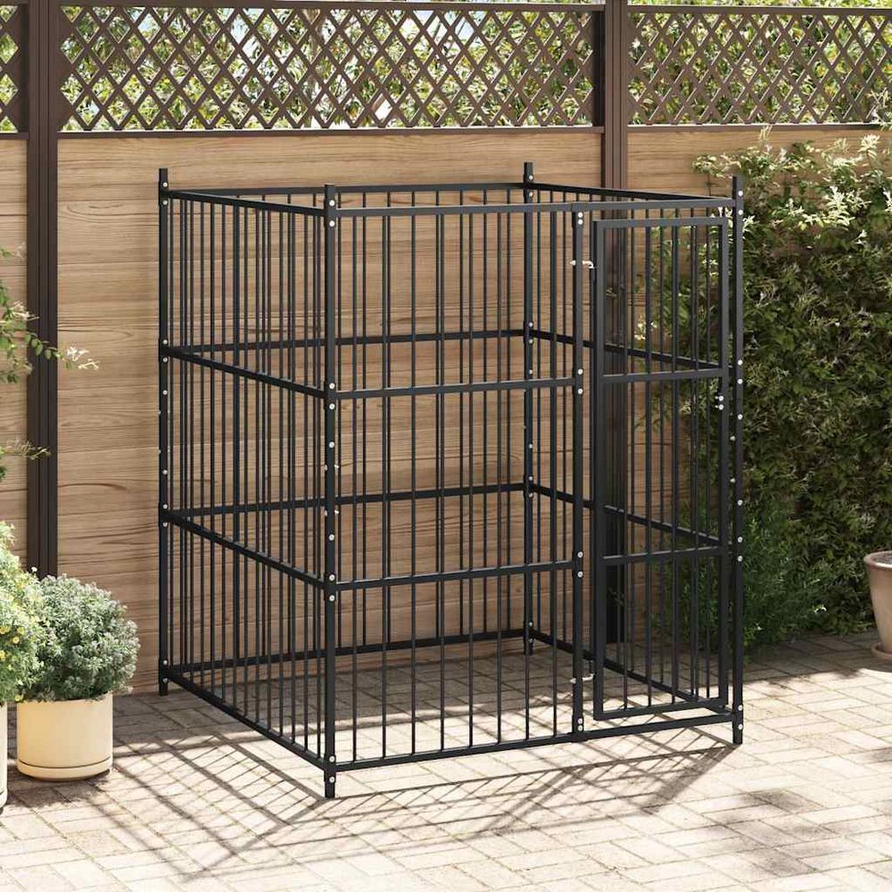 Enclos chenil extérieur pour chien en acier robuste parc de jeu sécurisé carré 150x150cm noir