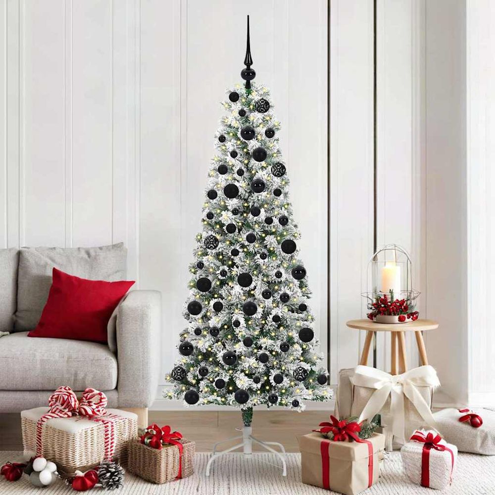 Kit sapin de noël lumineux 1m80 vert et blanc, décoré avec 120 boules et lumières led