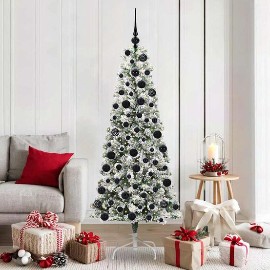 Kit sapin de noël lumineux 1m80 vert et blanc, décoré avec 120 boules et lumières led