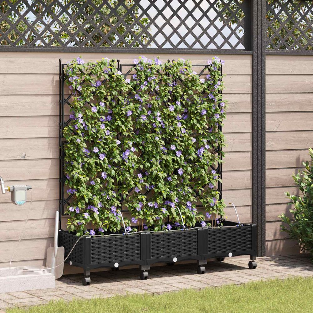 Jardinière treillis irrigation roulettes terrasse extérieur 120x40x132cm noir