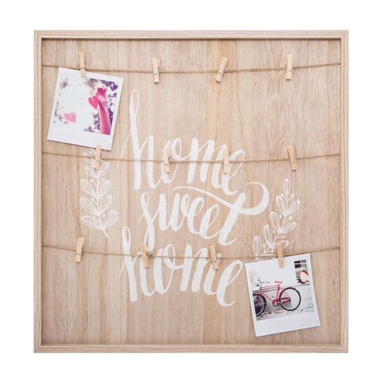 Porte photos mural en bois avec suspension cordes et pinces 48 x 48 cm