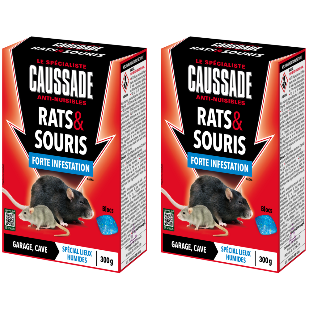 Caussade anti rats & souris – forte infestation – lieux humides – 20 blocs – prêt à l’emploi – action en 1 ingestion