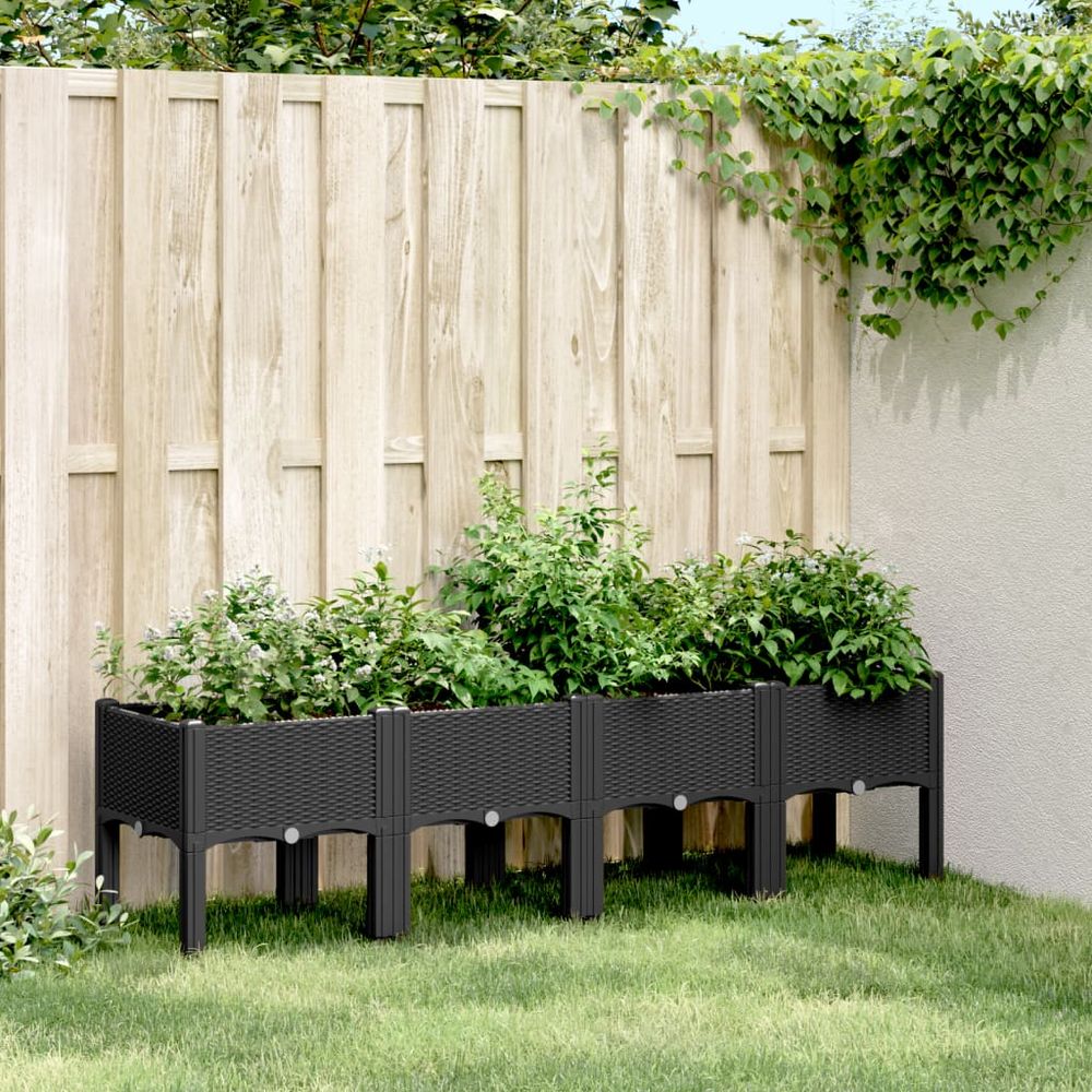 Jardinière surélevée pp aspect rotin pour terrasse jardin noir 160x40cm