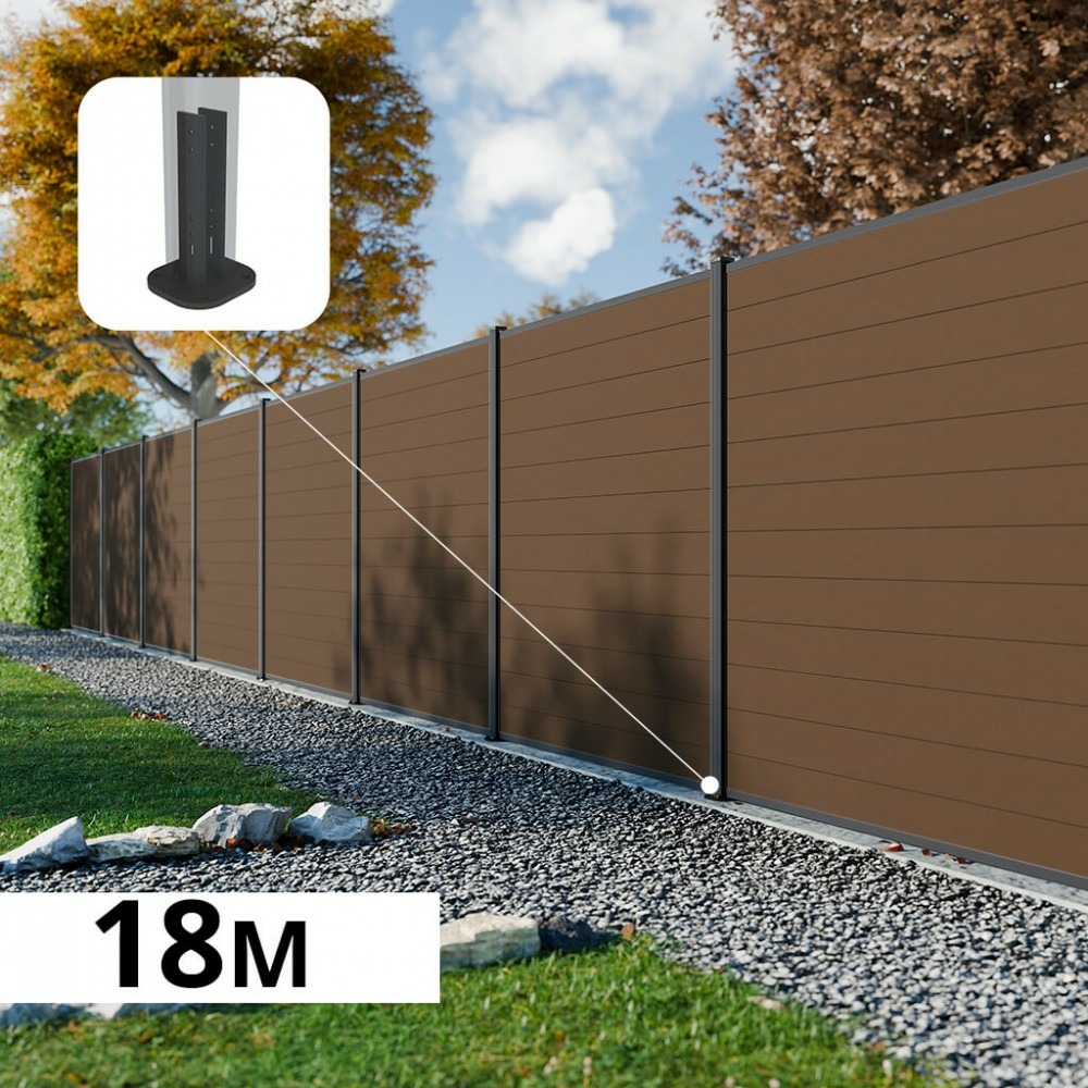 Kit clôture composite rio bronze 18x1,8m - bois composite & aluminium - poteaux sur platines gris - brise vue - palissade