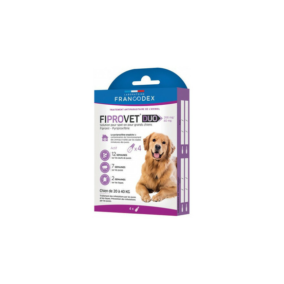 4 pipettes anti puces fiprovet duo pour chien 20 a 40 kg