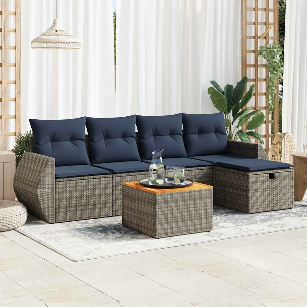 Salon de jardin 6 pcs avec coussins gris résine tressée