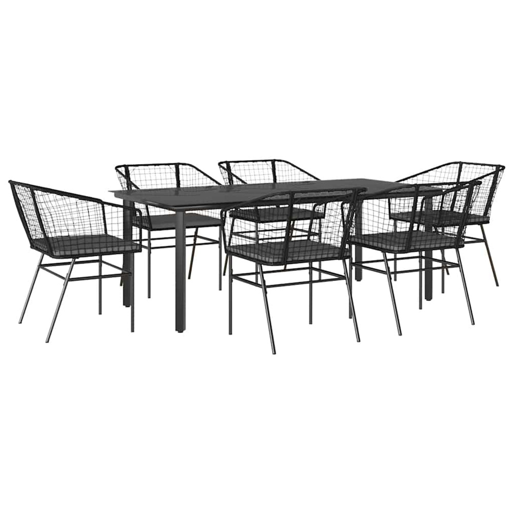 Ensemble à manger de jardin coussins 7pcs noir poly rotin verre