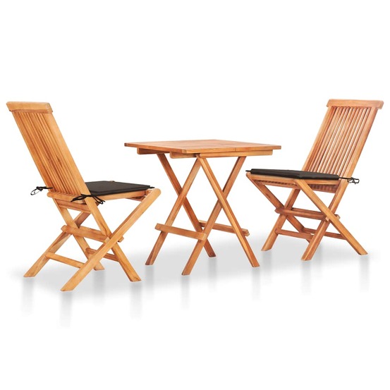 Ensemble de bistro 3pcs avec coussins taupe bois de teck massif