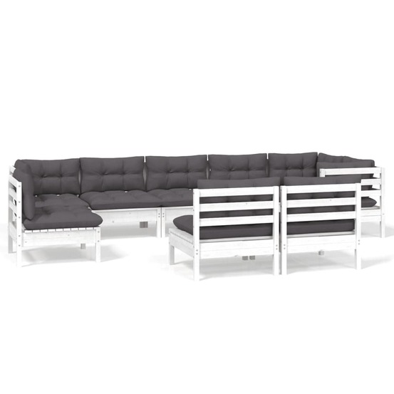 Salon de jardin 9 pcs avec coussins blanc bois de pin massif