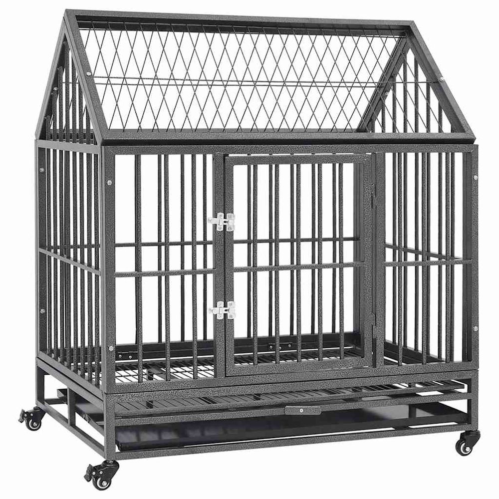 Cage haute pour chien acier avec toit sur roulettes enclos spacieux 92x62x106 cm noir