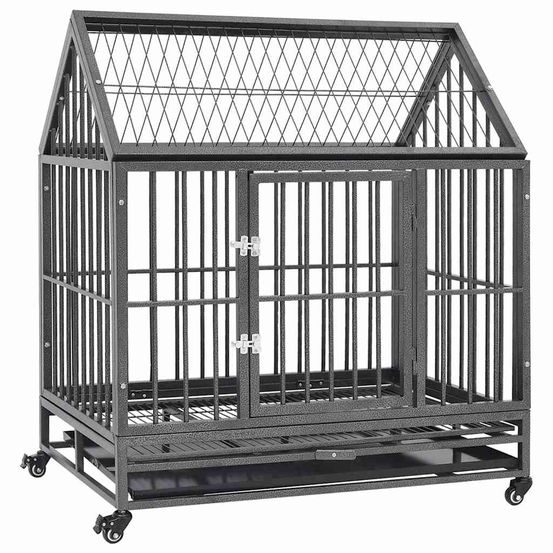 Cage haute pour chien acier avec toit sur roulettes enclos spacieux 92x62x106 cm noir