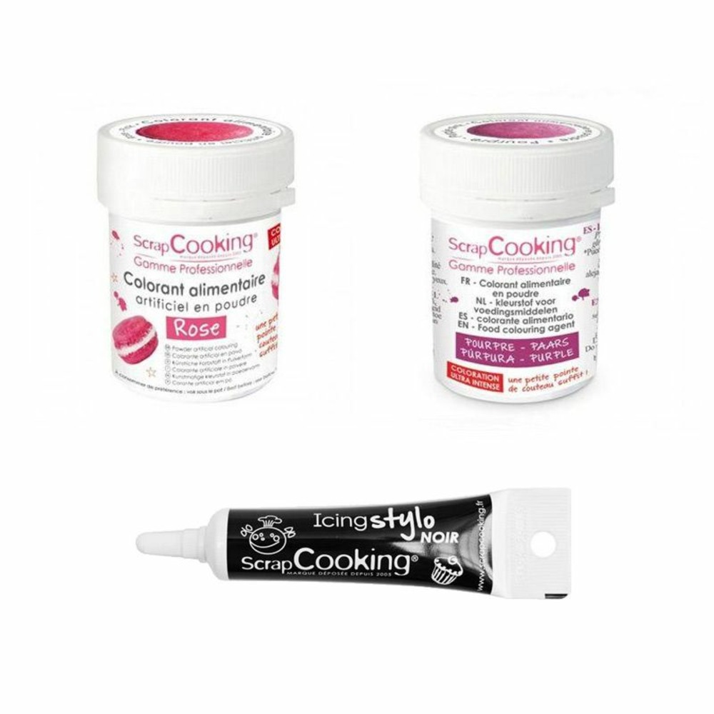 2 colorants alimentaires pourpre-rose + stylo glaçage noir