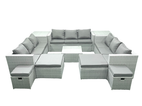 Salon de jardin exterieur en résine 14 places avec canapé 2 tables d'appoint 4 tabourets gris clair mixte